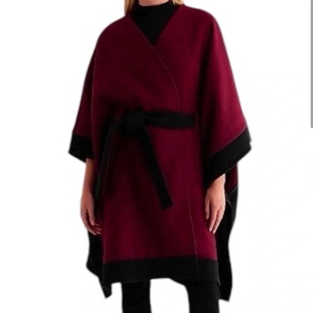 NWT Express Elegant Burgundy and Black Women's Warm Wrap Front Cape Coat M/L